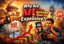 आखिर क्यों महंगे होते जा रहे हैं Vi के Recharge Plans? Illustration showing Supreme Court, AGR dues papers, telecom towers and a worried mobile user explaining why Vodafone Idea (Vi) recharge plans are expensive in India