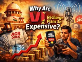 आखिर क्यों महंगे होते जा रहे हैं Vi के Recharge Plans? Illustration showing Supreme Court, AGR dues papers, telecom towers and a worried mobile user explaining why Vodafone Idea (Vi) recharge plans are expensive in India