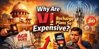 आखिर क्यों महंगे होते जा रहे हैं Vi के Recharge Plans? Illustration showing Supreme Court, AGR dues papers, telecom towers and a worried mobile user explaining why Vodafone Idea (Vi) recharge plans are expensive in India