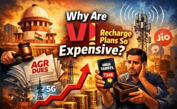 आखिर क्यों महंगे होते जा रहे हैं Vi के Recharge Plans? Illustration showing Supreme Court, AGR dues papers, telecom towers and a worried mobile user explaining why Vodafone Idea (Vi) recharge plans are expensive in India