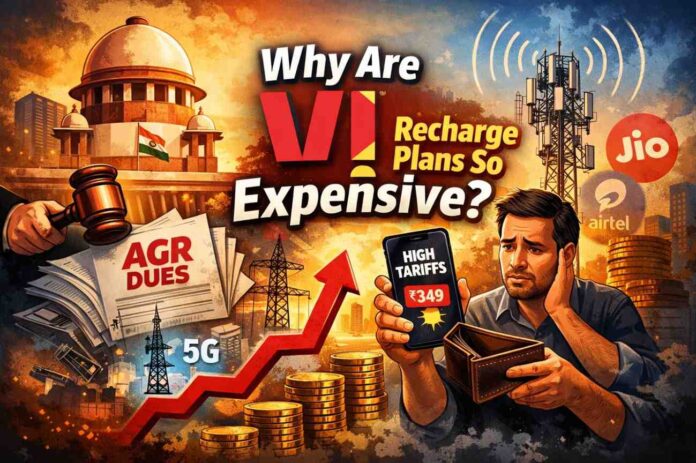 Illustration showing Supreme Court, AGR dues papers, telecom towers and a worried mobile user explaining why Vodafone Idea (Vi) recharge plans are expensive in India